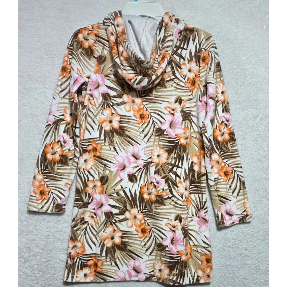 Lands End Girls White Tropic Palm Terry Cloth Hooded Swim Cover-Up Size M 8
